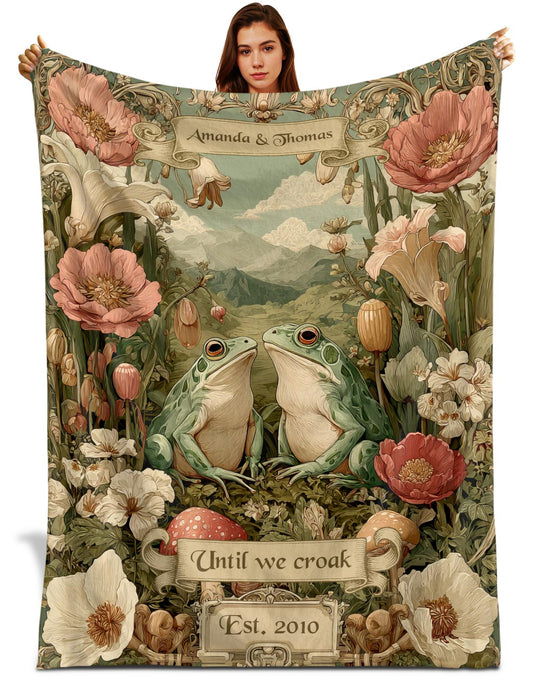 Netecom Personalized Frog Couple Blanket, Custom Names and Established Date, Until We Croak Throw Blanket for Couch, Bed, or Sofa, Perfect Gift for Couples, Christmas, Anniversary