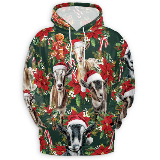 Netecom Funny Goat Christmas Print Hoodie with Front Pocket, All Over Farm Animal Holiday Graphic Sweatshirt Unisex Casual
