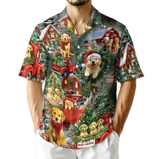 Netecom Golden Retriever Christmas Hawaiian Shirt for Men, Festive Dog Holiday Print Button Down Summer Beach Shirt, S-5XL