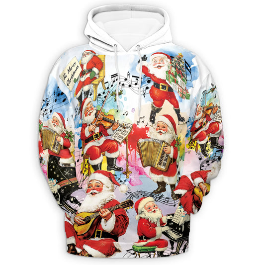 Netecom Musical Santa Claus Christmas Print Hoodie with Front Pocket, All Over Funny Holiday Graphic Sweatshirt Unisex Casual