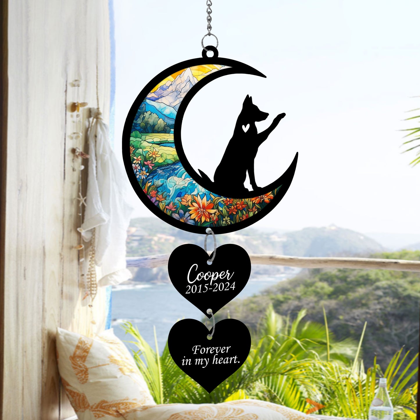 Netecom Personalized German Shepherd Moon Heart Memorial Suncatcher – Dog Loss Sympathy Gift, Forever in My Heart Keepsake