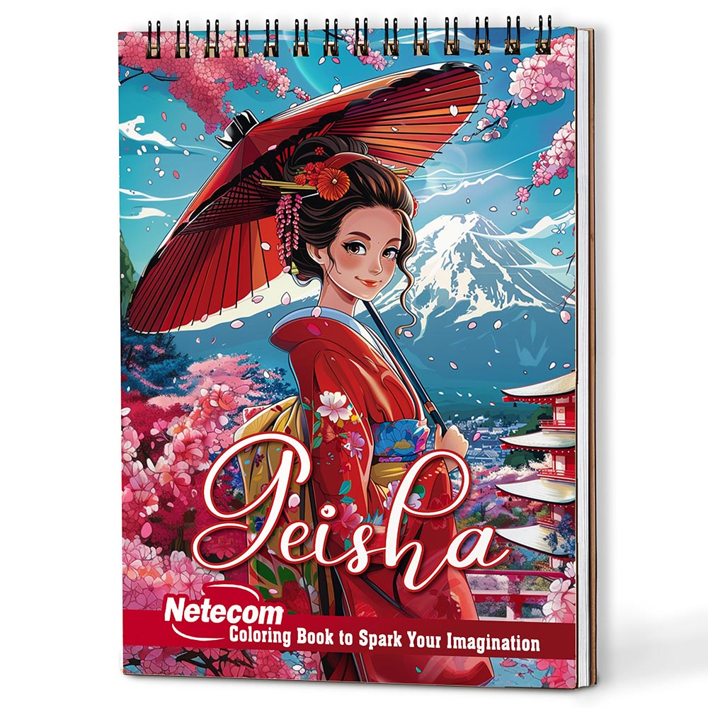 Netecom Geisha Coloring Book Spiral Bound for Adults, A5 Wooden Cover, 30 Elegant Coloring Pages of Traditional Japanese Beauty for Stress Relief and Relaxation