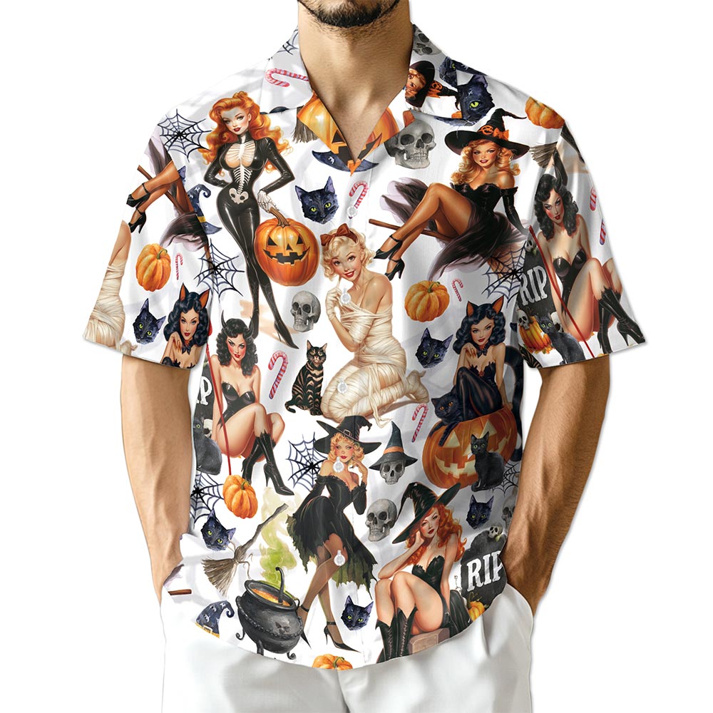 Netecom Pinup Girls Hawaiian Shirt, Pumpkin Skull Halloween Button Down Summer Beach Short Sleeve Shirts, S-5XL