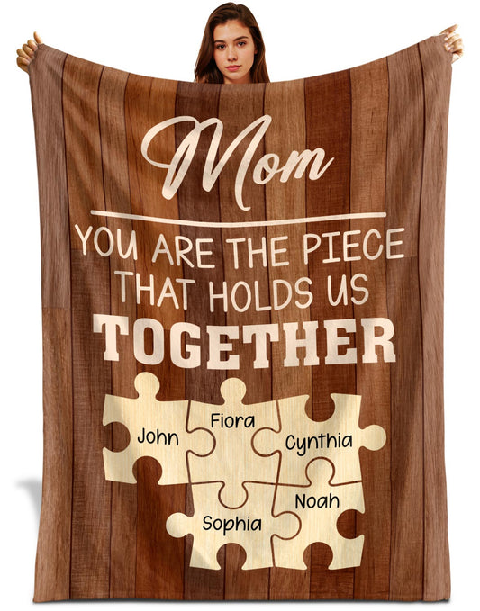 Netecom Personalized Puzzle Piece To My Mom Blanket, Custom Family Name Throw Blanket for Couch, Bed or Sofa, Ultra Soft Warm Gift for Christmas and Cozy Winter