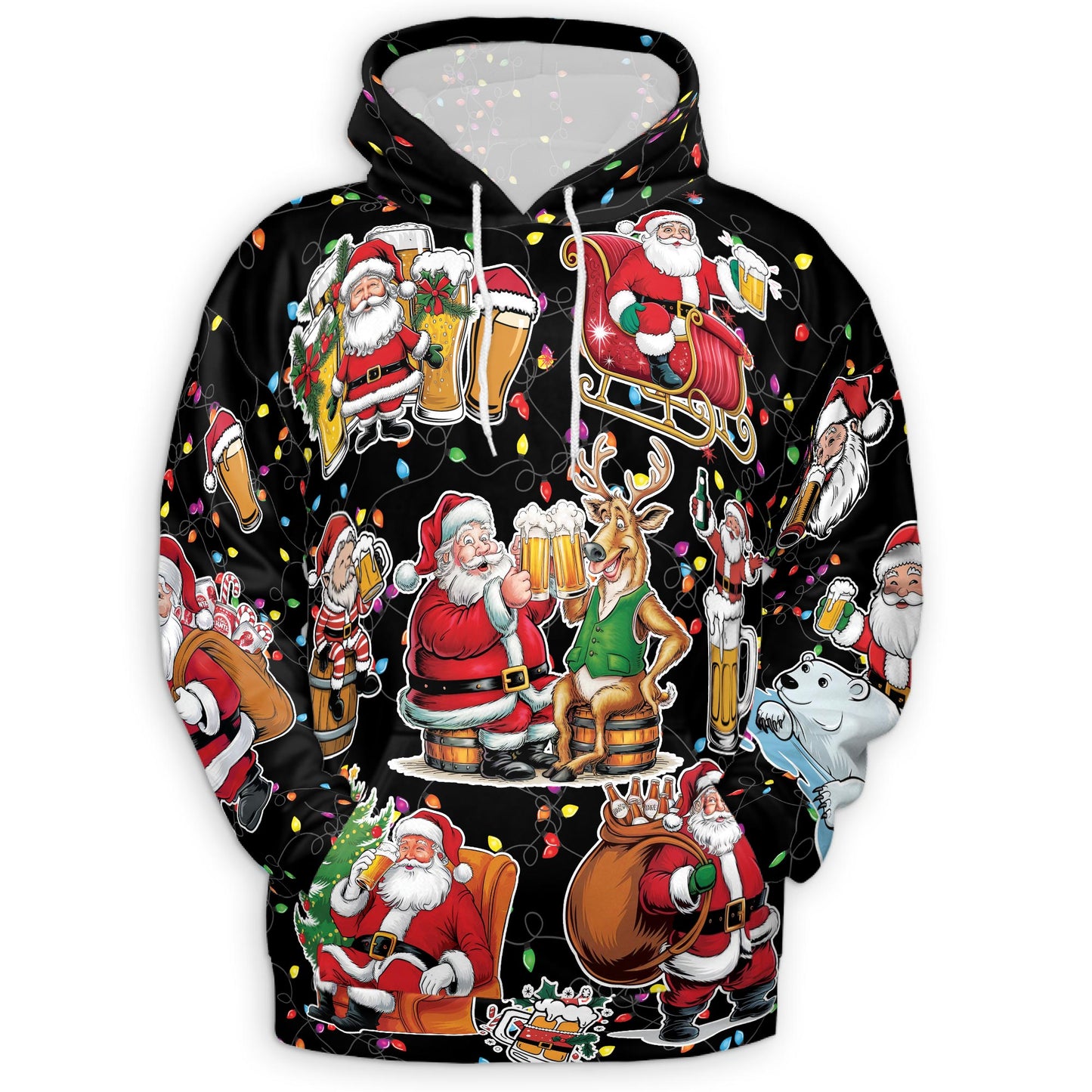 Netecom Santa Beer Lover Print Hoodie with Front Pocket, All Over Funny Christmas Drinking Graphic Sweatshirt Unisex Casual