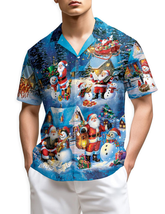 Netecom Funny Santa and Snowman Hawaiian Shirt, Musical Christmas Village Gift Button Down Short Sleeve Shirt, S-5XL