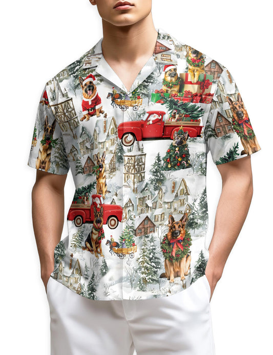 Netecom German Shepherd Christmas Hawaiian Shirt for Men, Dog Lover Holiday Button Down Summer Beach Short Sleeve Shirt, S-5XL