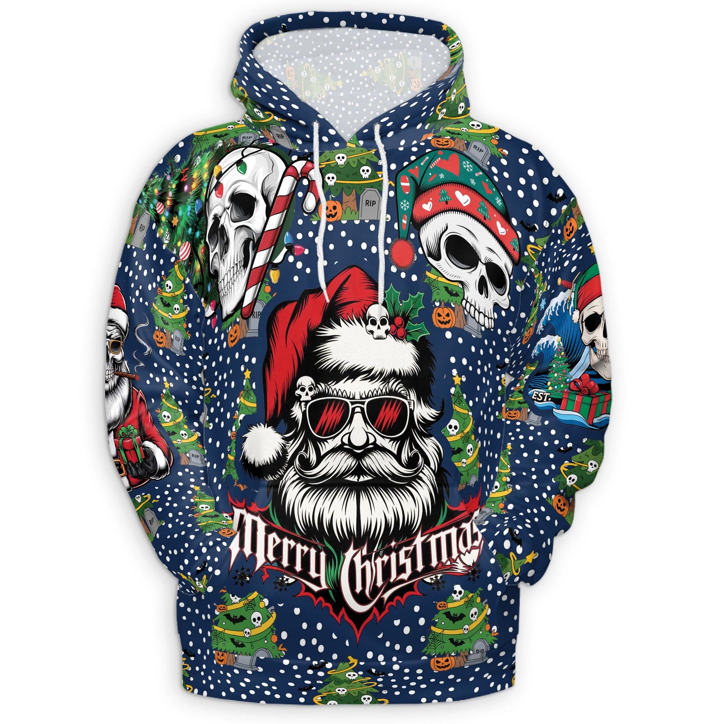 Netecom Santa Skull Christmas Print Hoodie with Front Pocket, All Over Graphic Gothic Skeleton Santa Sweatshirt Unisex Casual