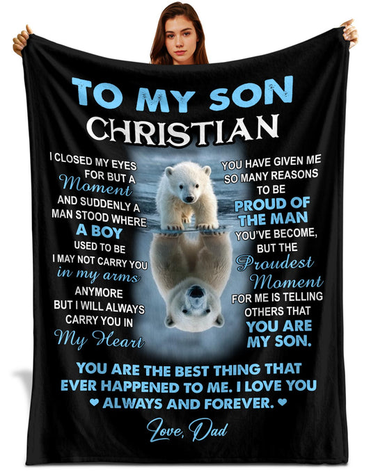 Netecom Personalized Polar Bear Blanket for Son from Dad and Mom, Ultra Soft Warm Throw Blanket for Couch, Bed or Sofa, Bear Lover Gift, Birthday Gifts for Son, Present for Christmas, Anniversary
