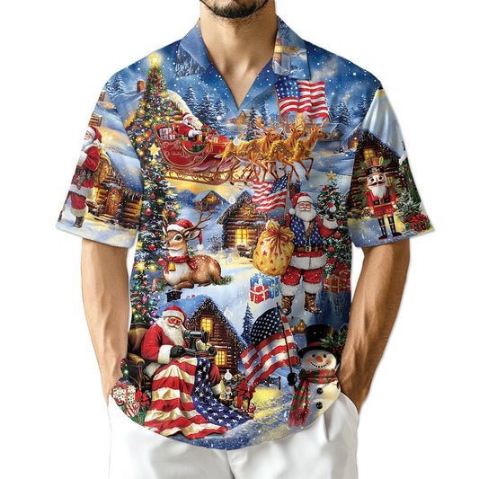 Netecom Patriotic Santa Claus Christmas Hawaiian Shirt for Men, USA Flag Holiday Print Button Down Summer Beach Shirt, S-5XL