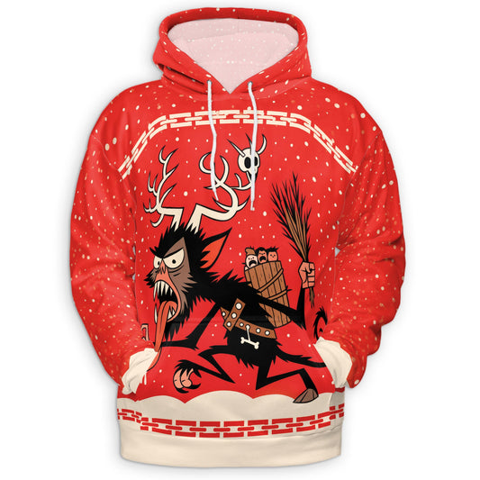 Netecom Krampus Christmas Print Hoodie with Front Pocket, All Over Demon Santa Graphic Sweatshirt Unisex Casual