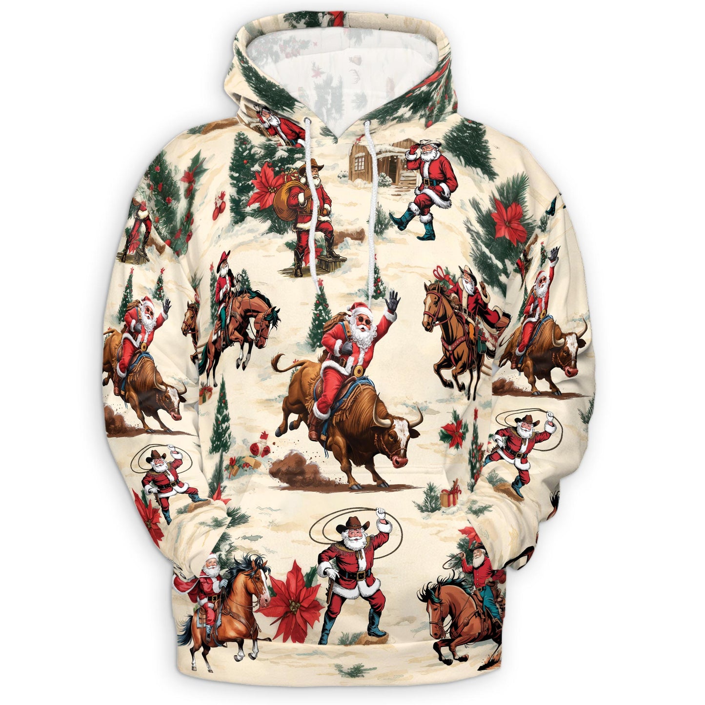Netecom Cowboy Santa Claus 3D Hoodie with Front Pocket, Unisex Casual All Over Western Rodeo Graphic Sweatshirt