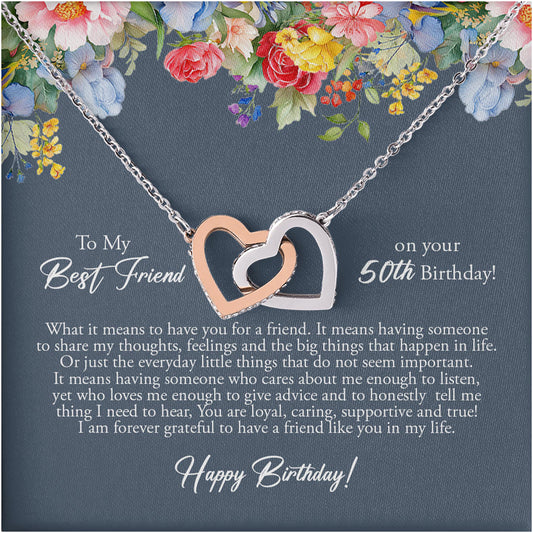 Netecom Personalized 50th Birthday Gifts To My Best Friend Necklace, Custom Message Card with Name, Interlocking Heart Jewelry Gift For Christmas, Present or Women