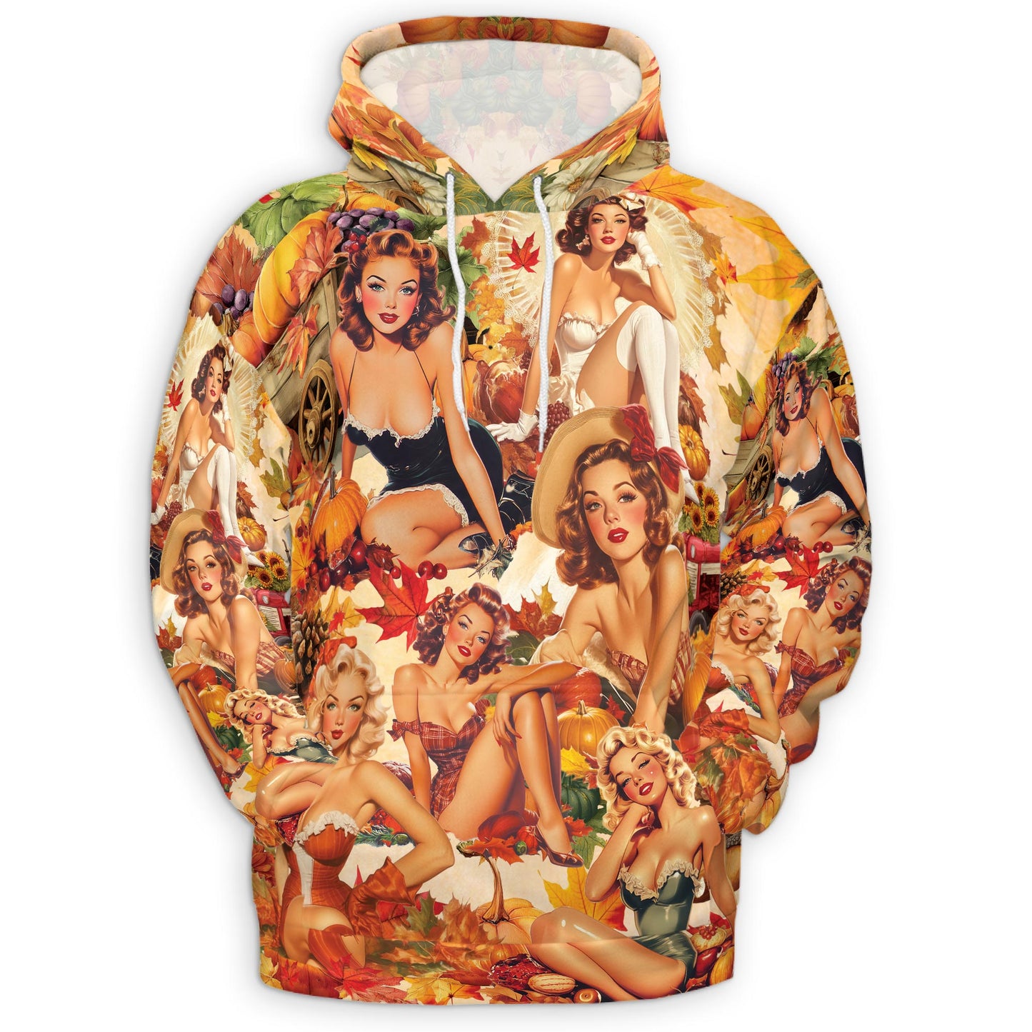 Netecom Fall Pin Up Girl Print Hoodie with Front Pocket, All Over Vintage Autumn Babe Graphic Sweatshirt Unisex Casual