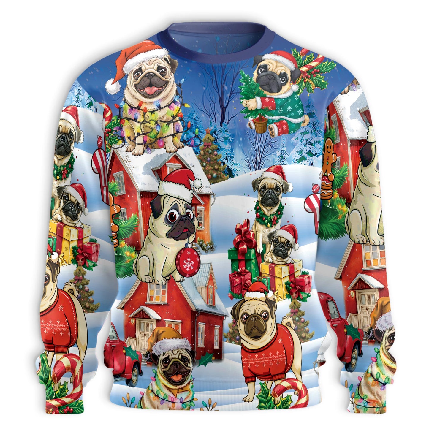 Netecom Funny Pug Christmas Sweatshirt 3D All Over Print – Unisex Crewneck Pullover, Lightweight Fleece Casual Outfit