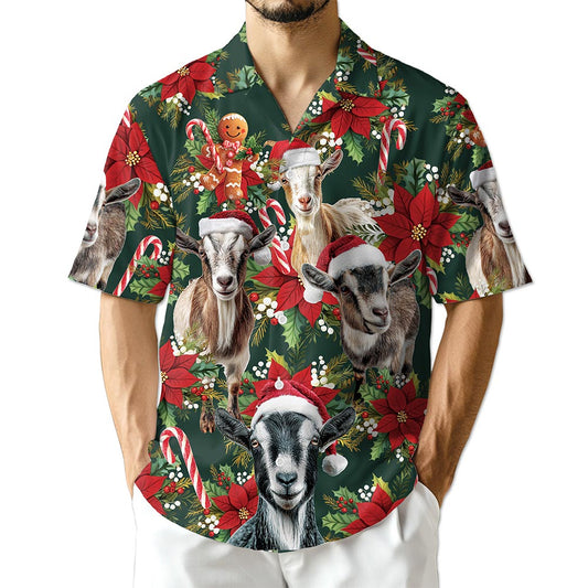 Netecom Funny Goat Christmas Hawaiian Shirt, Farm Animal Holiday Print Button Down Summer Beach Short Sleeve Shirt, S-5XL