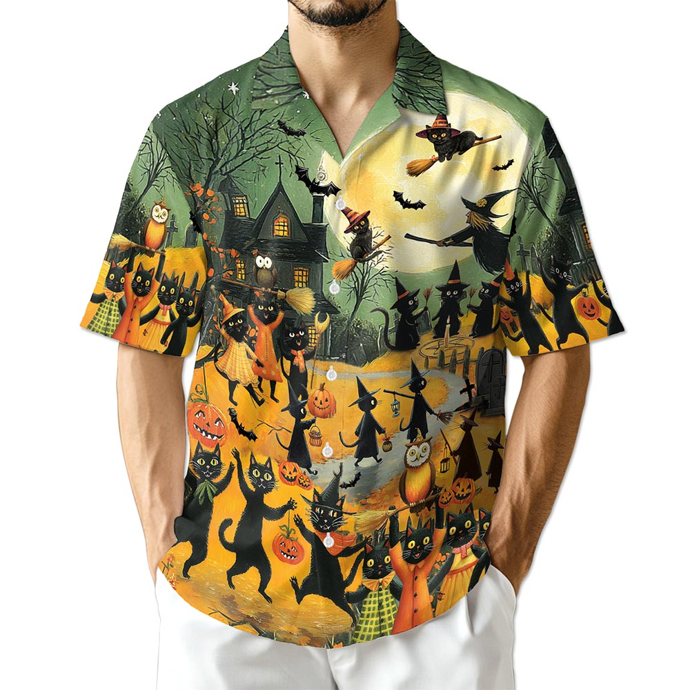 Netecom Black Cat Hawaiian Shirt for Men, Halloween Present, Animal Pumpkin Button Down Summer Beach Shirts, S-5XL