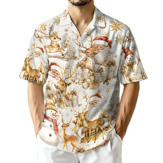 Netecom Golden Santa Claus and Reindeer Christmas Hawaiian Shirt, Elegant Holiday Button Down Summer Beach Shirt, S-5XL