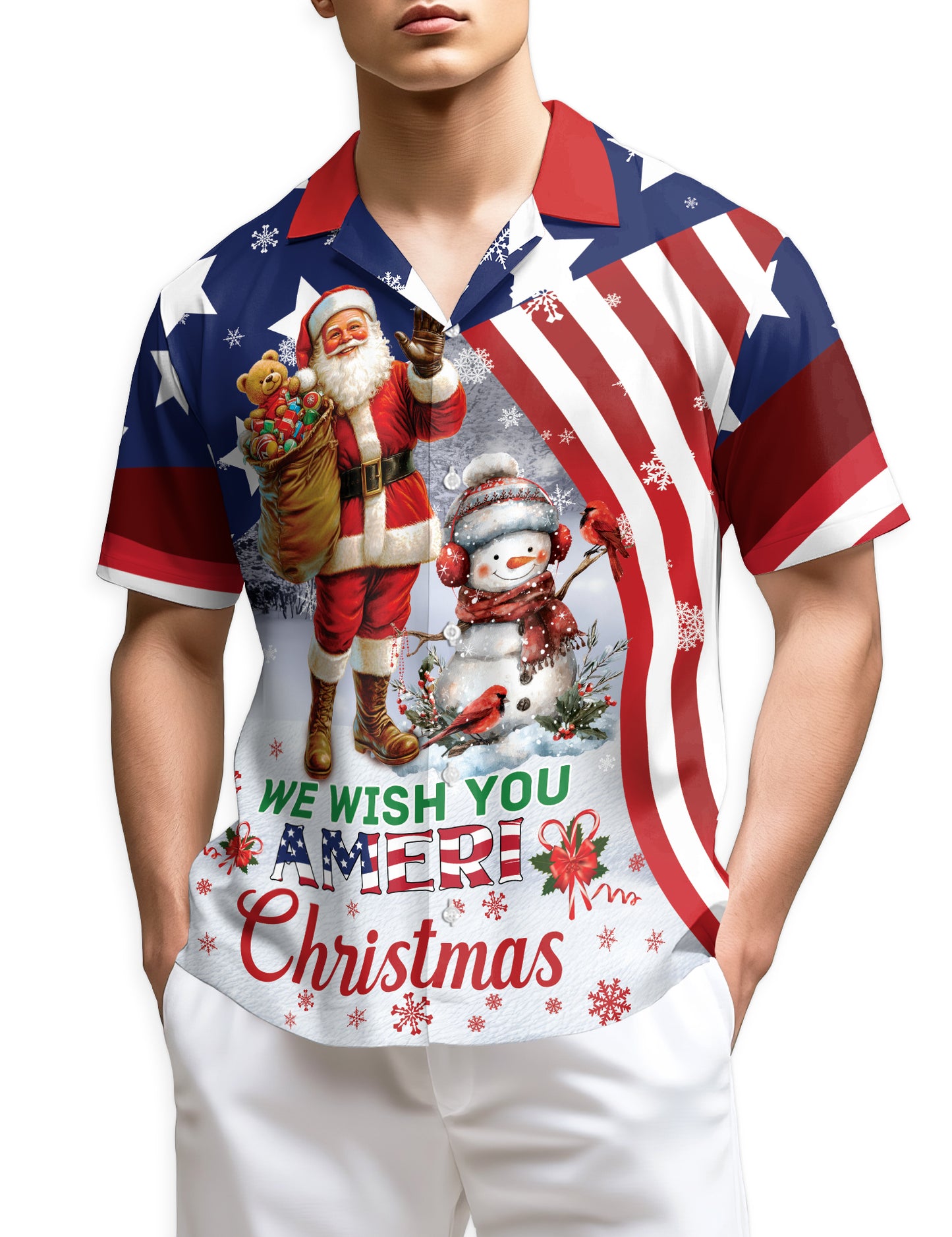 Netecom We Wish You Ameri Christmas Hawaiian Shirt, Patriotic Santa Snowman Flag Button Down Shirt