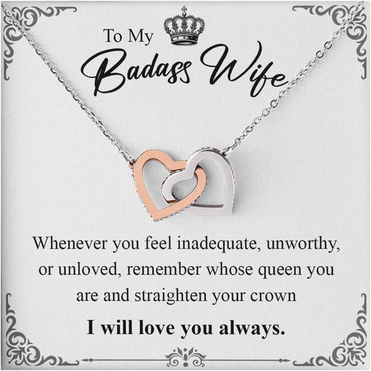 Netecom Personalized To My Badass Wife Necklace from Husband, Custom Message Card with Name, Interlocking Heart Jewelry Gift for Wedding, Birthday, Christmas