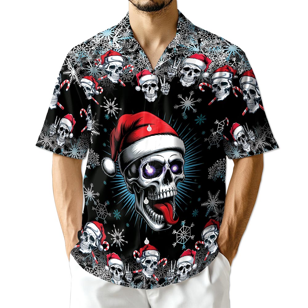 Netecom Skull Christmas Hawaiian Shirt for Men Women, Santa Hat Skeleton Button Down Summer Beach Short Sleeve Shirts, S-5XL