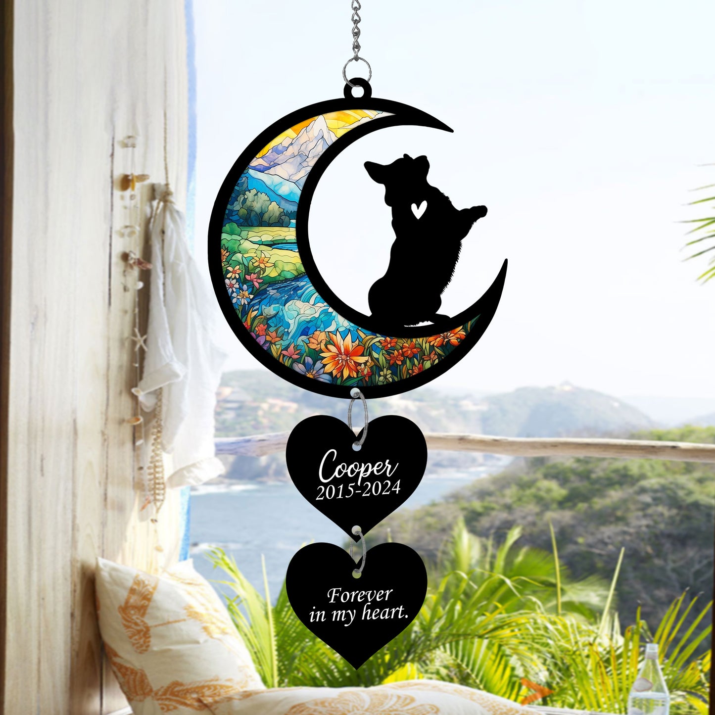 Netecom Personalized Corgi Moon Heart Memorial Suncatcher – Dog Loss Gift, Forever in My Heart Pet Remembrance Keepsake