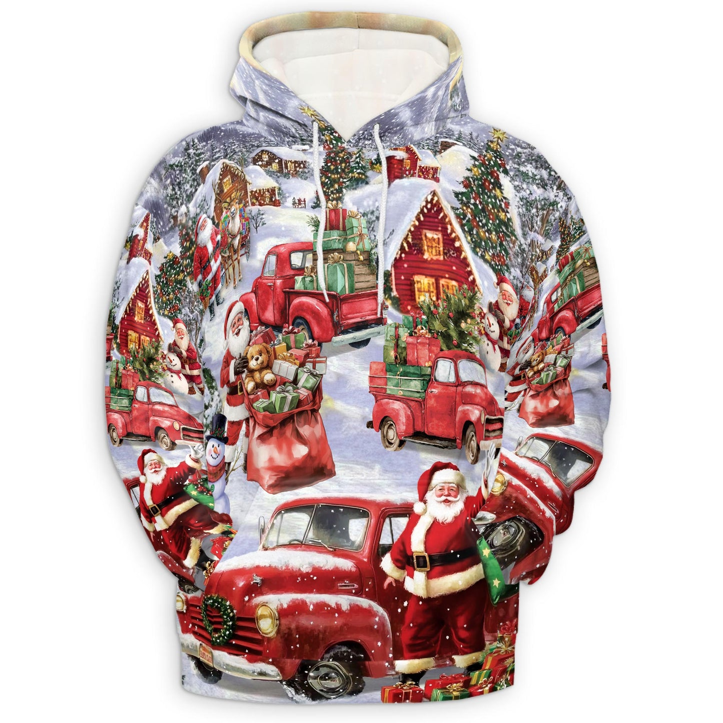 Netecom Christmas Red Truck 3D Hoodie with Front Pocket, Unisex Casual All Over Santa Claus Snow Graphic Sweatshirt
