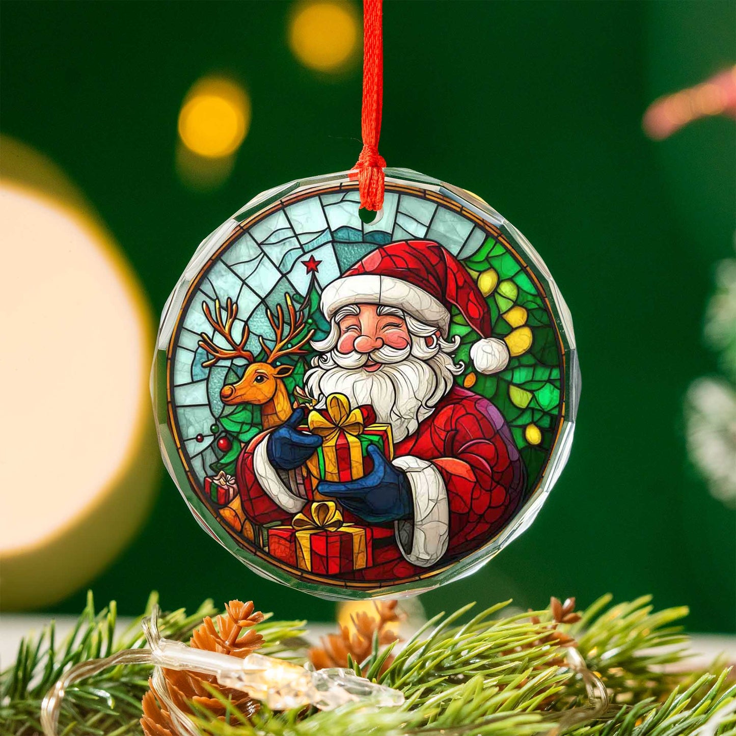 Netecom Santa Claus & Reindeer Glass Ornament – Christmas Tree Decoration, Holiday Gift Keepsake, 3 in