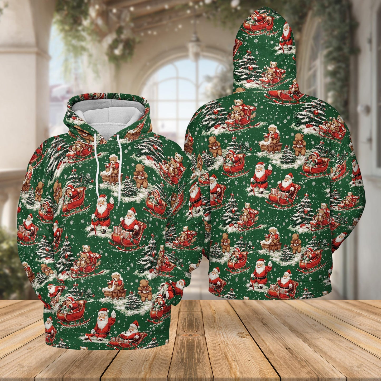 Netecom Funny Santa Sleigh Christmas 3D Hoodie with Front Pocket, Unisex Casual All Over Xmas Graphic Sweatshirt