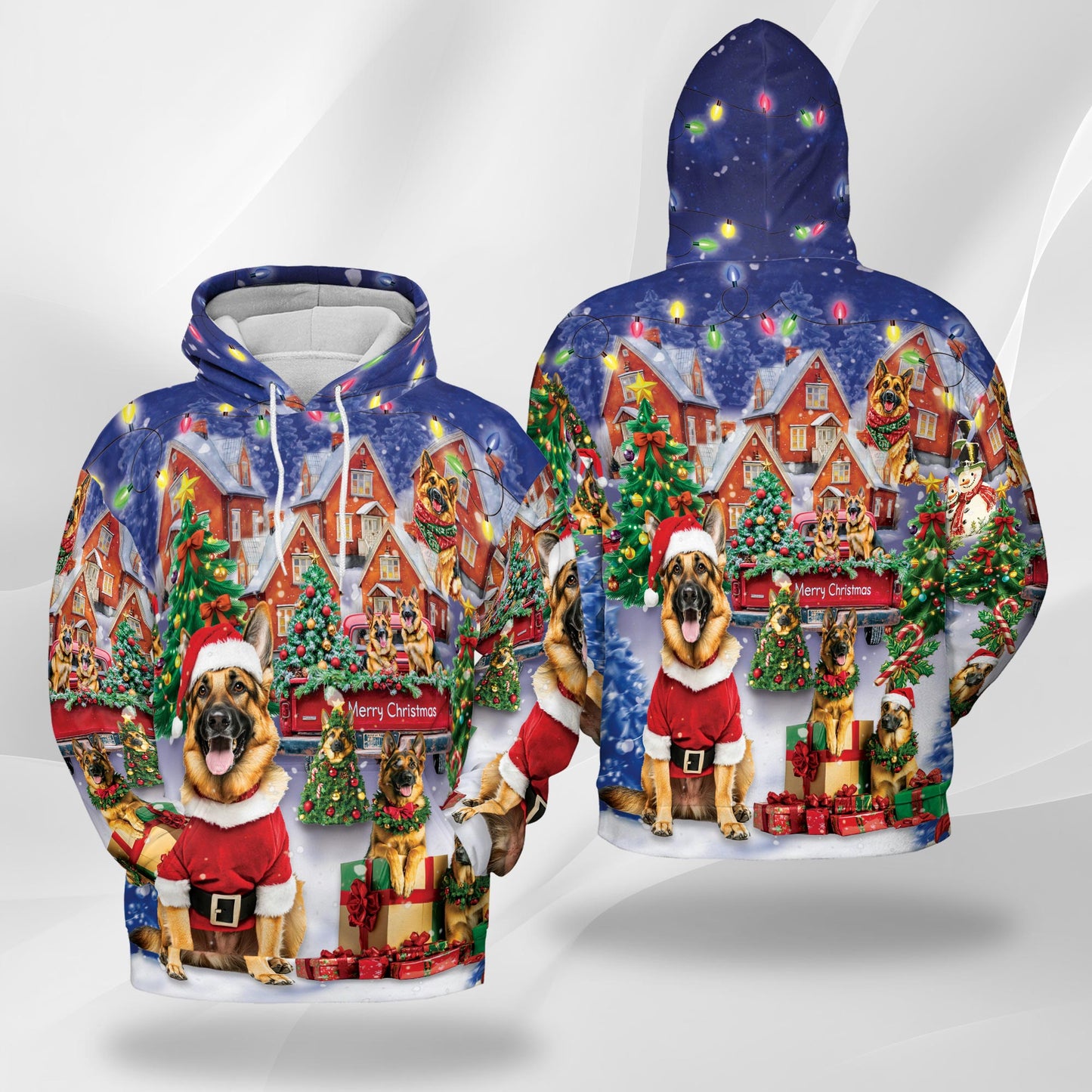 Netecom German Shepherd Christmas Print Hoodie with Front Pocket, All Over Festive Dog Graphic Sweatshirt Unisex Casual