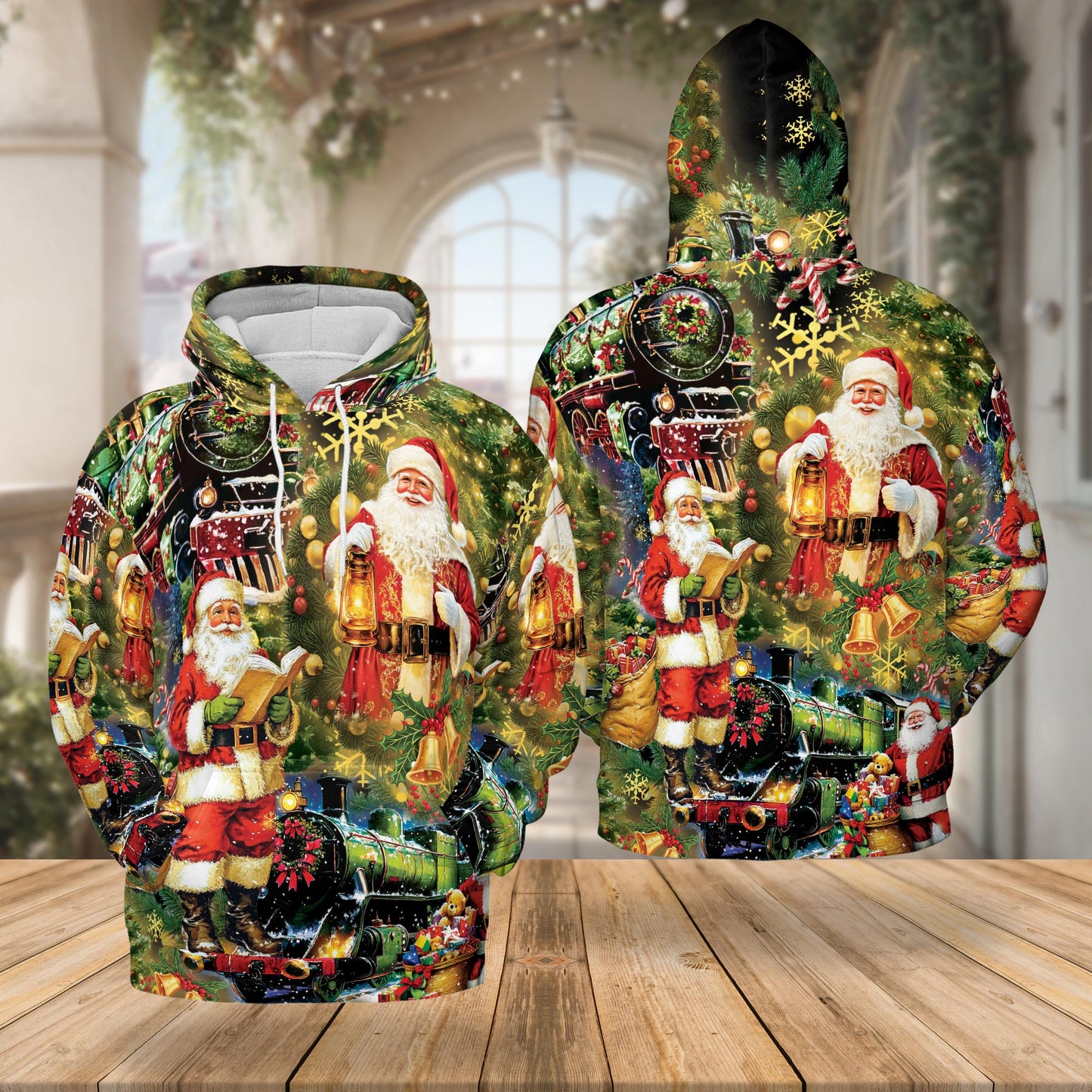 Netecom Santa Christmas Train 3D Hoodie with Front Pocket, Unisex Casual All Over Festive Graphic Sweatshirt