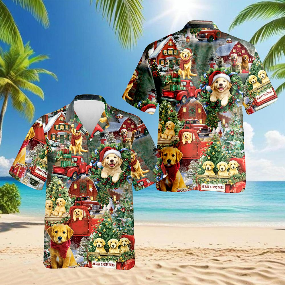 Netecom Golden Retriever Christmas Hawaiian Shirt for Men, Festive Dog Holiday Print Button Down Summer Beach Shirt, S-5XL