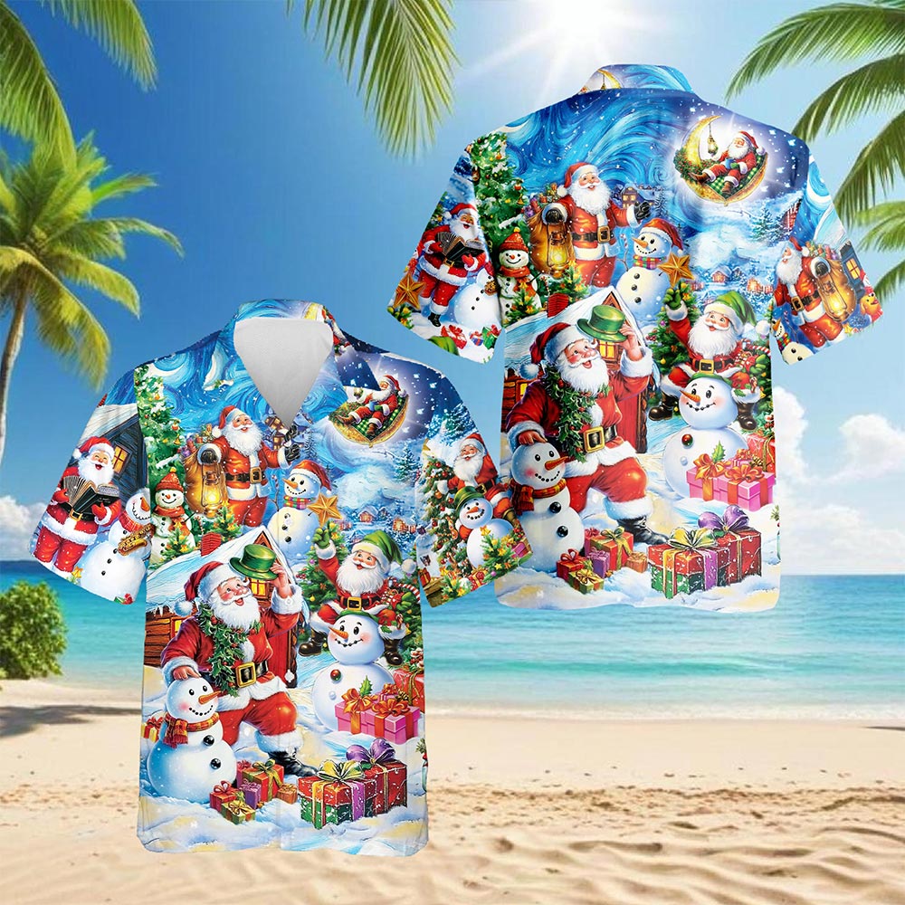 Netecom Santa Claus and Snowman Hawaiian Shirt, Festive Christmas Holiday Party Button Down Summer Beach Shirt, S-5XL