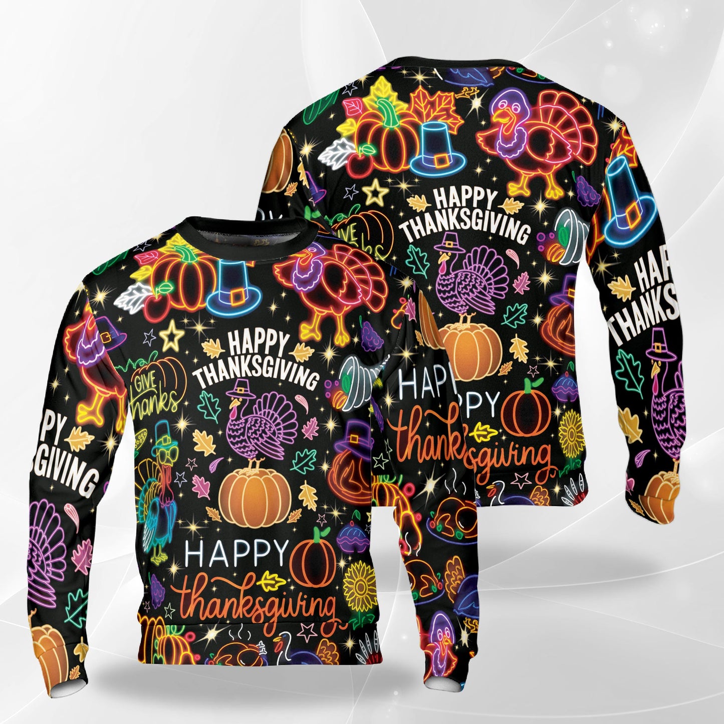 Netecom Funny Happy Turkey Day Sweatshirt 3D All Over Print, Neon Thanksgiving Design, Crewneck Pullover for Costume Party