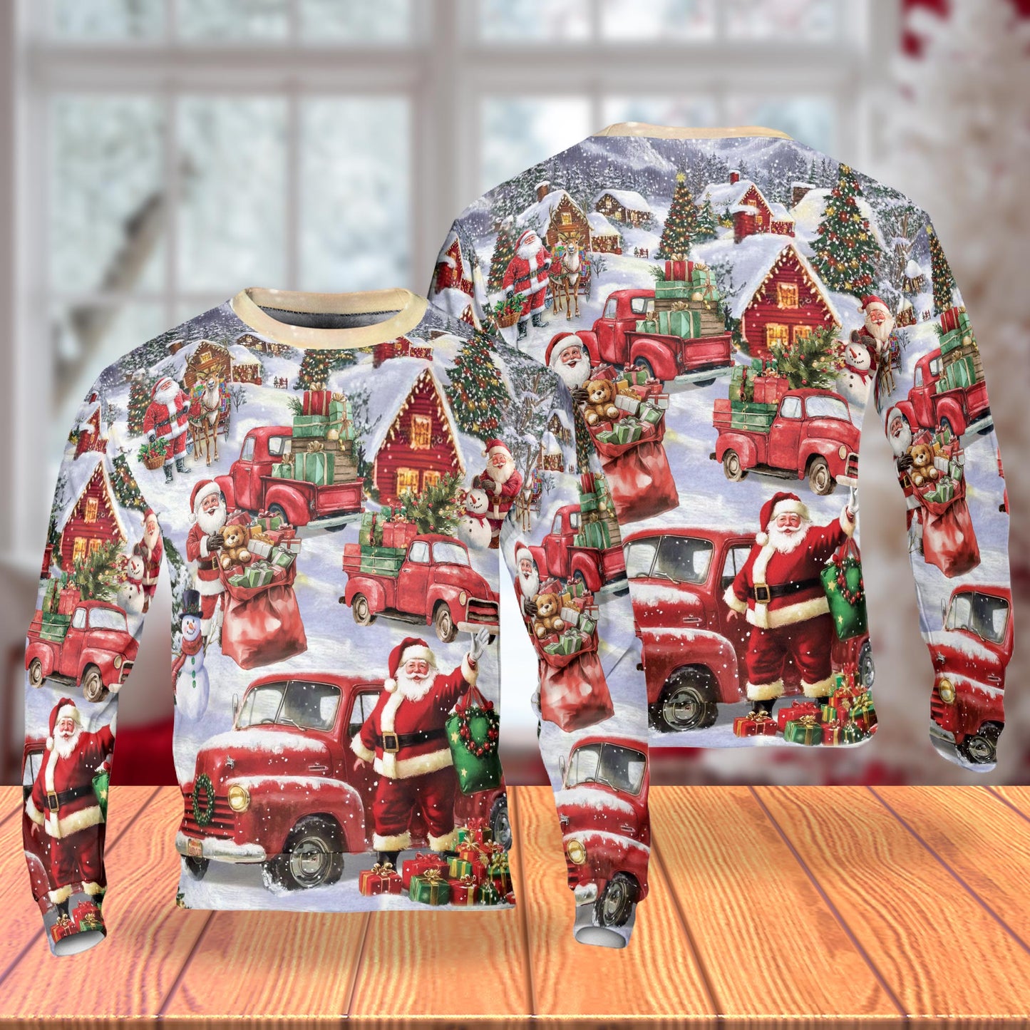Netecom Santa Red Truck Christmas Sweatshirt 3D All Over Print– Unisex Crewneck Pullover, Lightweight Fleece Casual Outfit