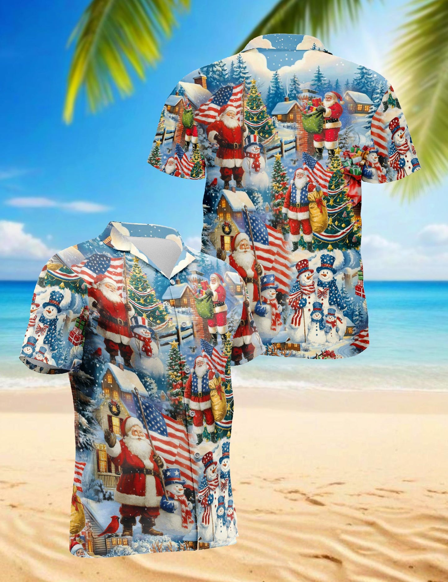 Netecom Vintage Santa Claus American Flag Christmas Hawaiian Shirt, Patriotic Holiday Print Button Down Shirt, S-5XL