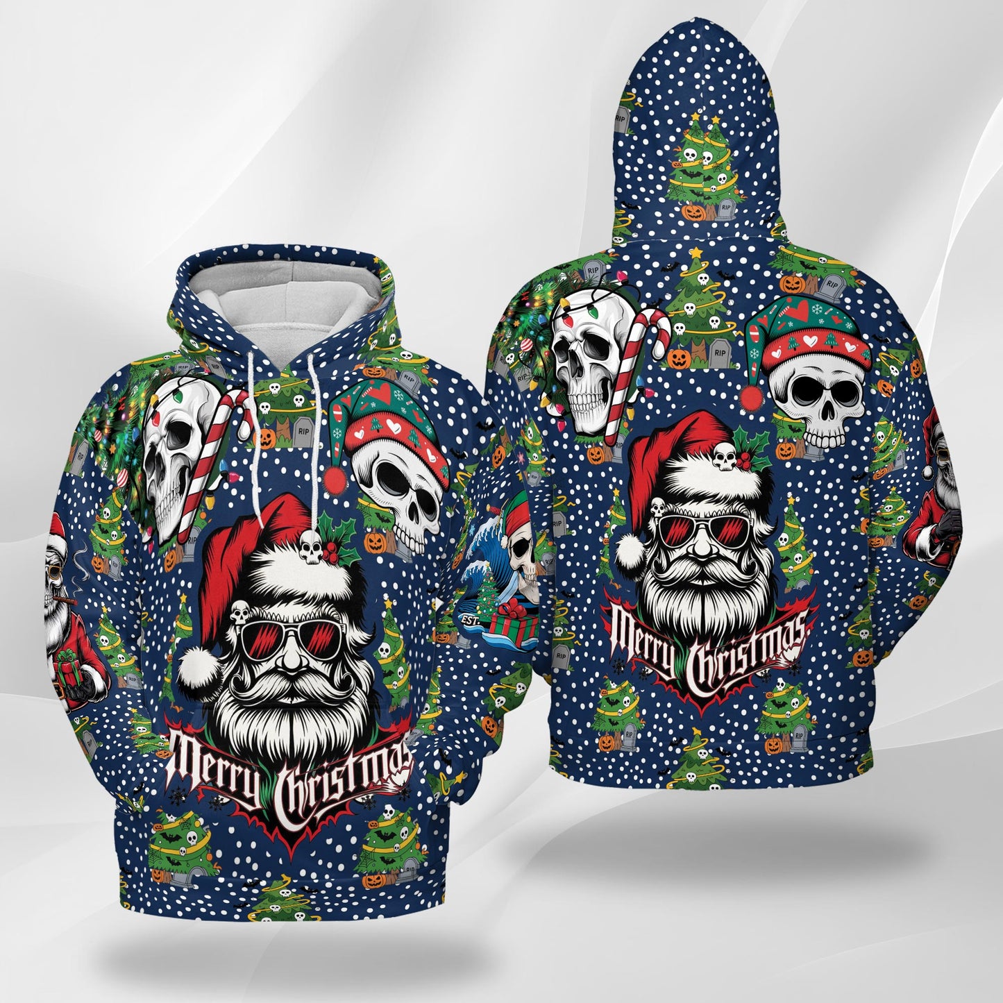 Netecom Santa Skull Christmas Print Hoodie with Front Pocket, All Over Graphic Gothic Skeleton Santa Sweatshirt Unisex Casual