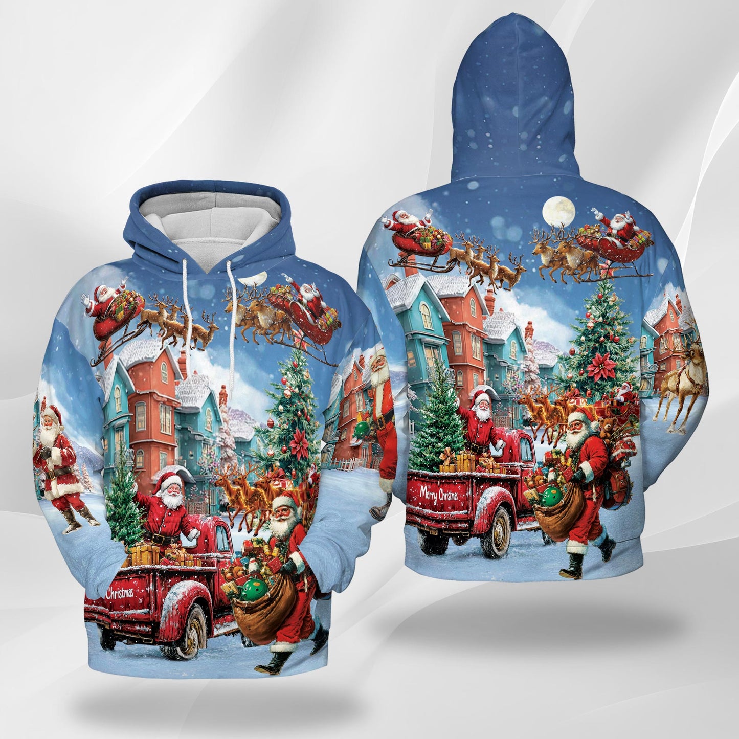 Netecom Santa Claus Christmas Print Hoodie with Front Pocket, All Over Graphic Funny Holiday Sweatshirt Unisex Casual