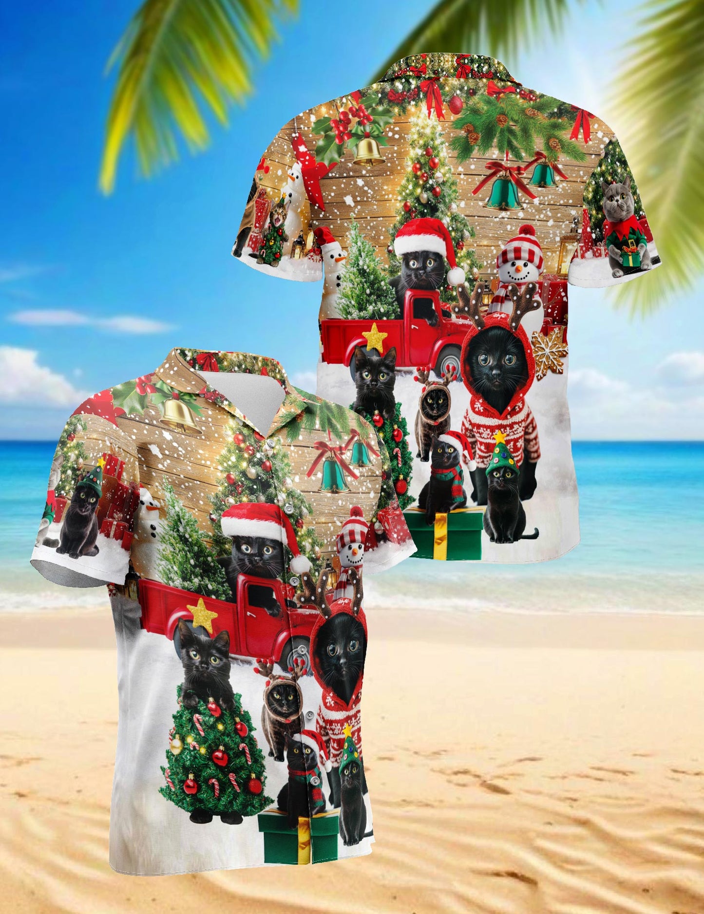 Netecom Black Cat Christmas Hawaiian Shirt for Men, Funny Holiday Kitten in Santa Hat Button Down Shirt, S-5XL