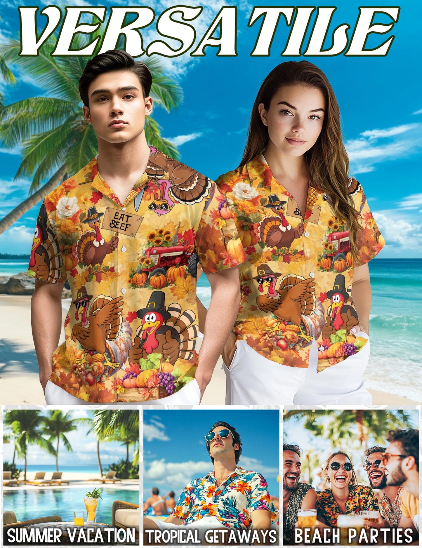 Netecom Funny Thanksgiving Turkey Hawaiian Shirt for Men, Funny Eat Beef Print Holiday Button Down Shirt, S-5XL