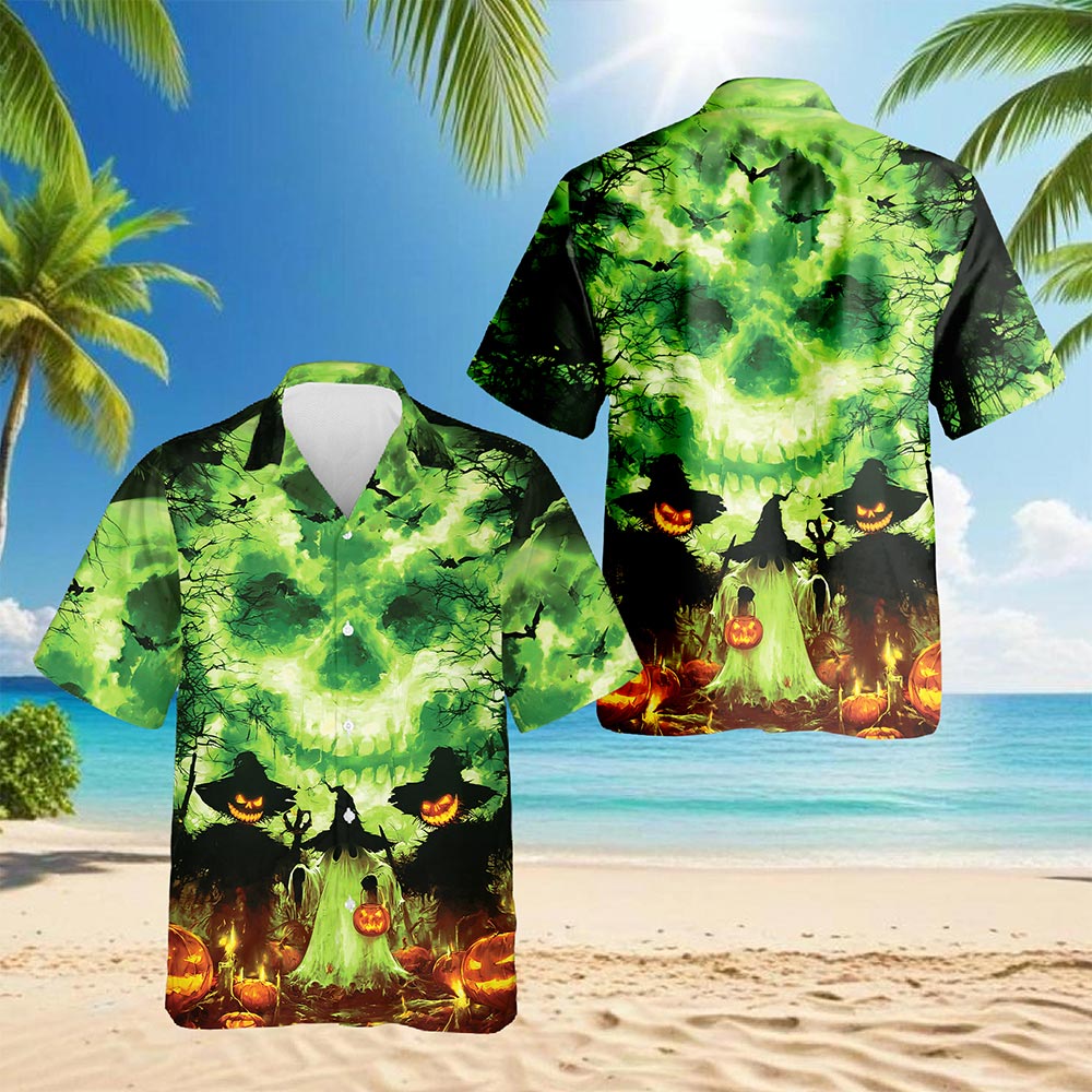 Netecom Halloween Ghost Hawaiian Shirt for Men Women, Pumpkins Skull Button Down Summer Beach Short Sleeve Shirts, S-5XL