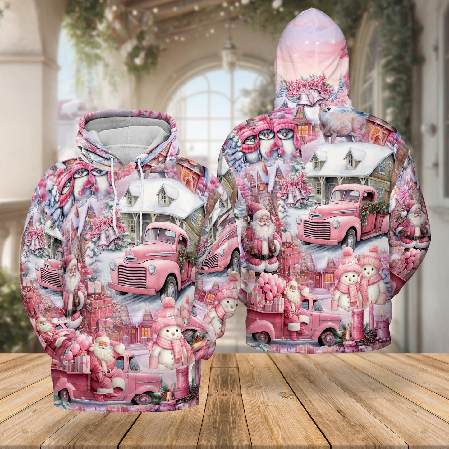 Netecom Pink Christmas Santa Claus 3D Hoodie with Front Pocket, Unisex Casual All Over Village Graphic Sweatshirt