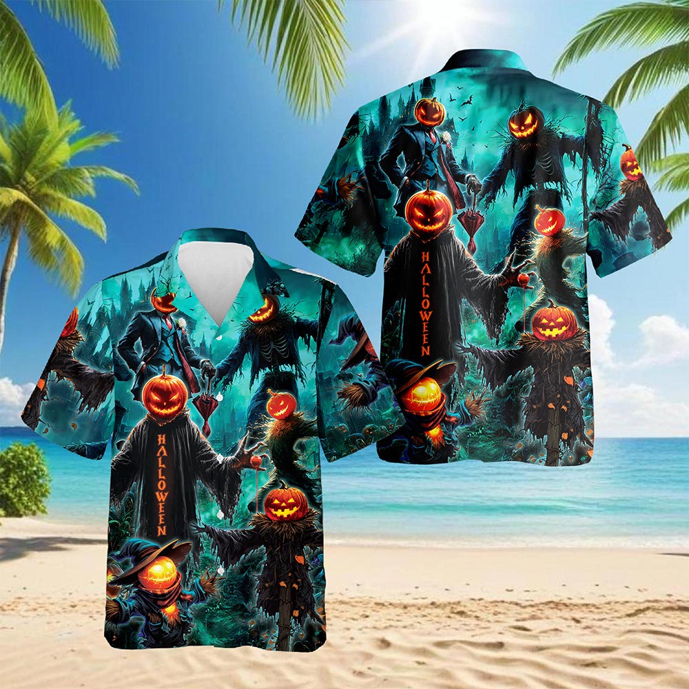 Netecom Happy Pumpkin Halloween Hawaiian Shirt for Men, Halloween Present, Skull Button Down Summer Beach Shirts, S-5XL