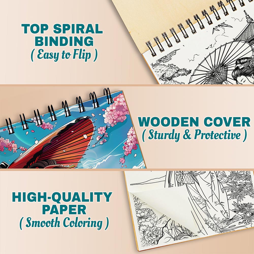 Netecom Geisha Coloring Book Spiral Bound for Adults, A5 Wooden Cover, 30 Elegant Coloring Pages of Traditional Japanese Beauty for Stress Relief and Relaxation