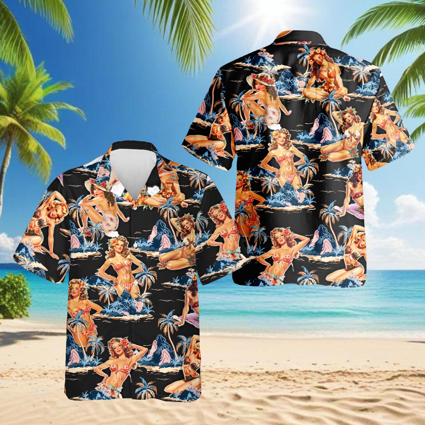 Netecom Tropical Pinup Girl Black Hawaiian Shirt for Men Women, Beautiful Girl Button Down Summer Beach Shirts
