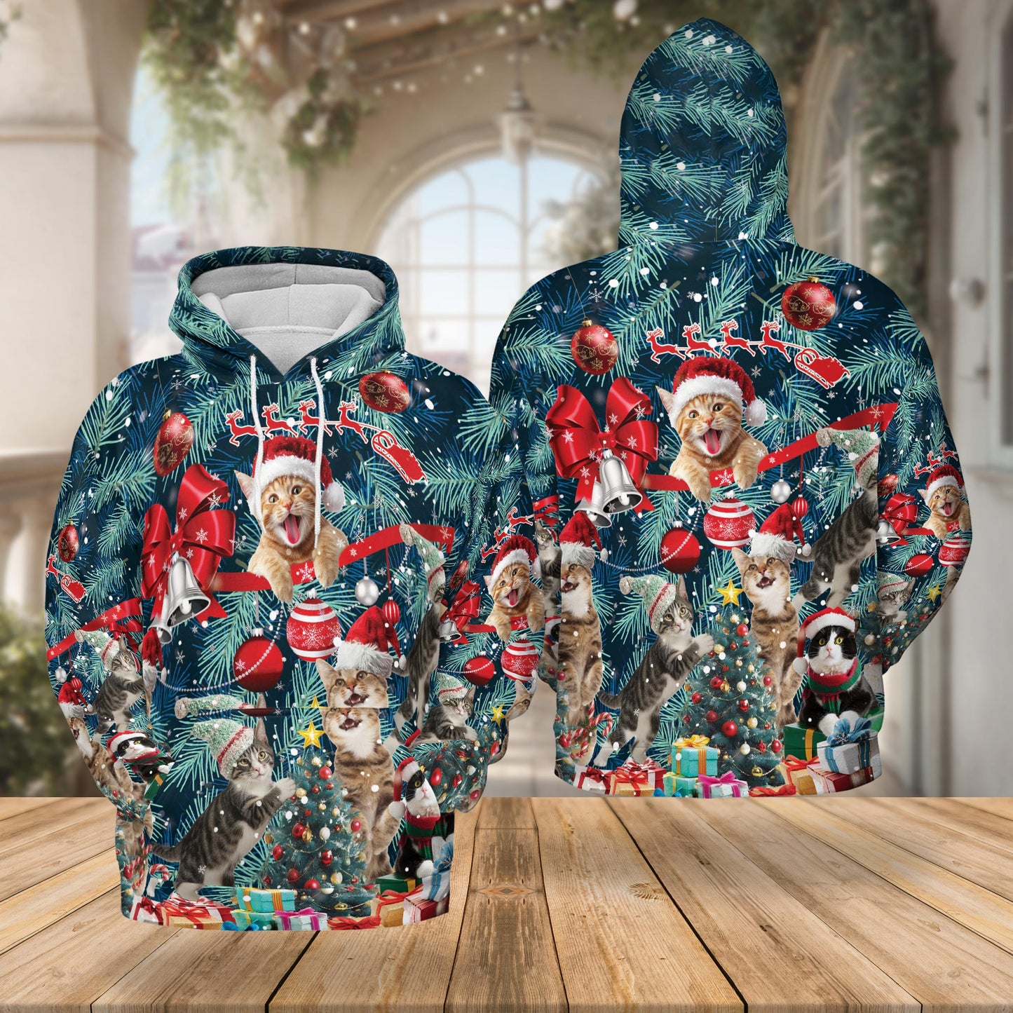 Netecom Christmas Cat 3D Hoodie with Front Pocket, Unisex Casual All Over Funny Kitten Santa Graphic Sweatshirt
