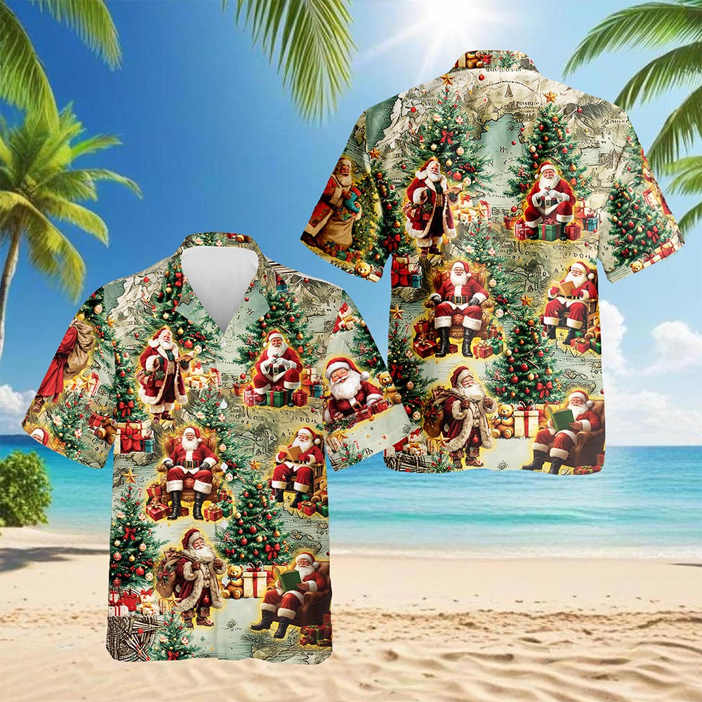 Netecom Vintage Santa Claus Christmas Hawaiian Shirt for Men Women, Map Button Down Summer Beach Short Sleeve Shirts, S-5XL