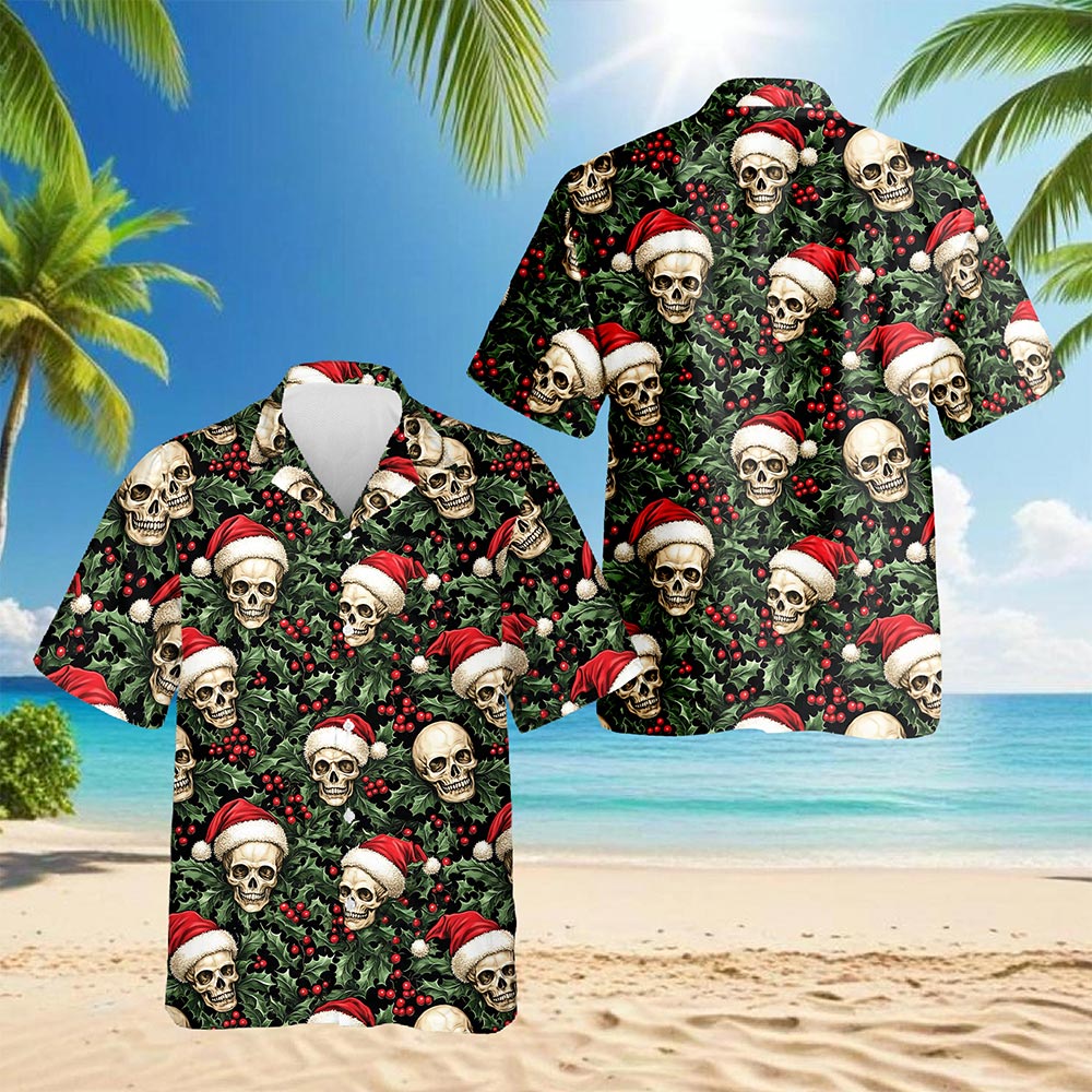 Netecom Skull Santa Hat Christmas Hawaiian Shirt for Men, Gothic Holiday Button Down Summer Beach Short Sleeve Shirts, S-5XL