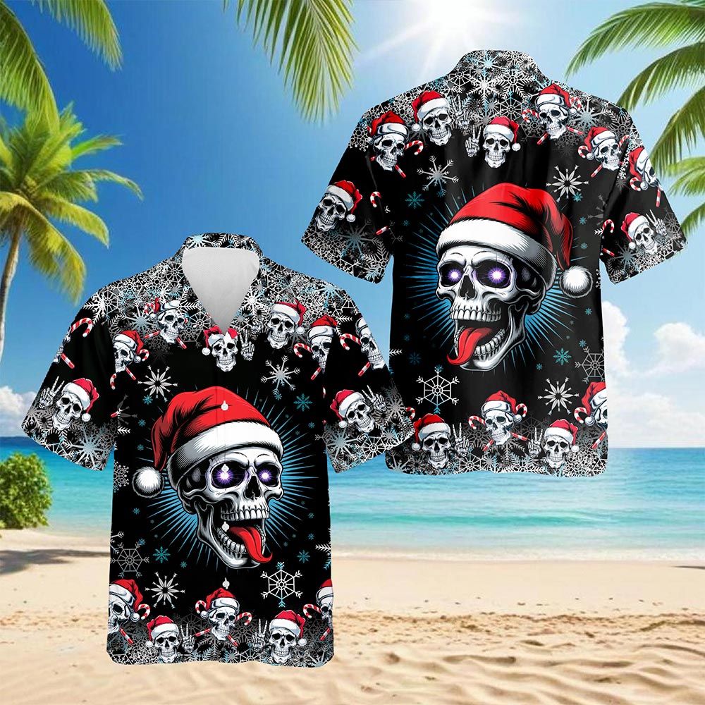 Netecom Skull Christmas Hawaiian Shirt for Men Women, Santa Hat Skeleton Button Down Summer Beach Short Sleeve Shirts, S-5XL