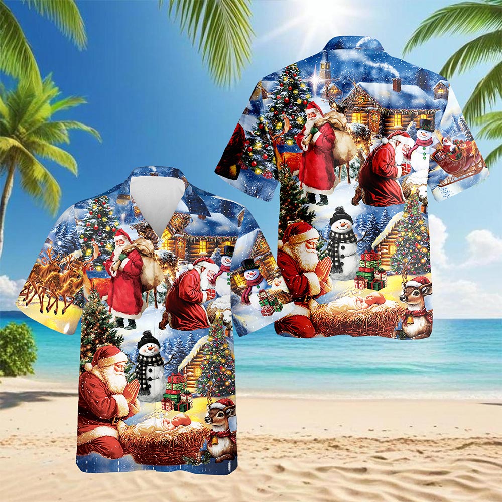 Netecom Christmas Nativity Hawaiian Shirt, Santa Claus Jesus Holiday Button Down Summer Beach Short Sleeve Shirts, S-5XL